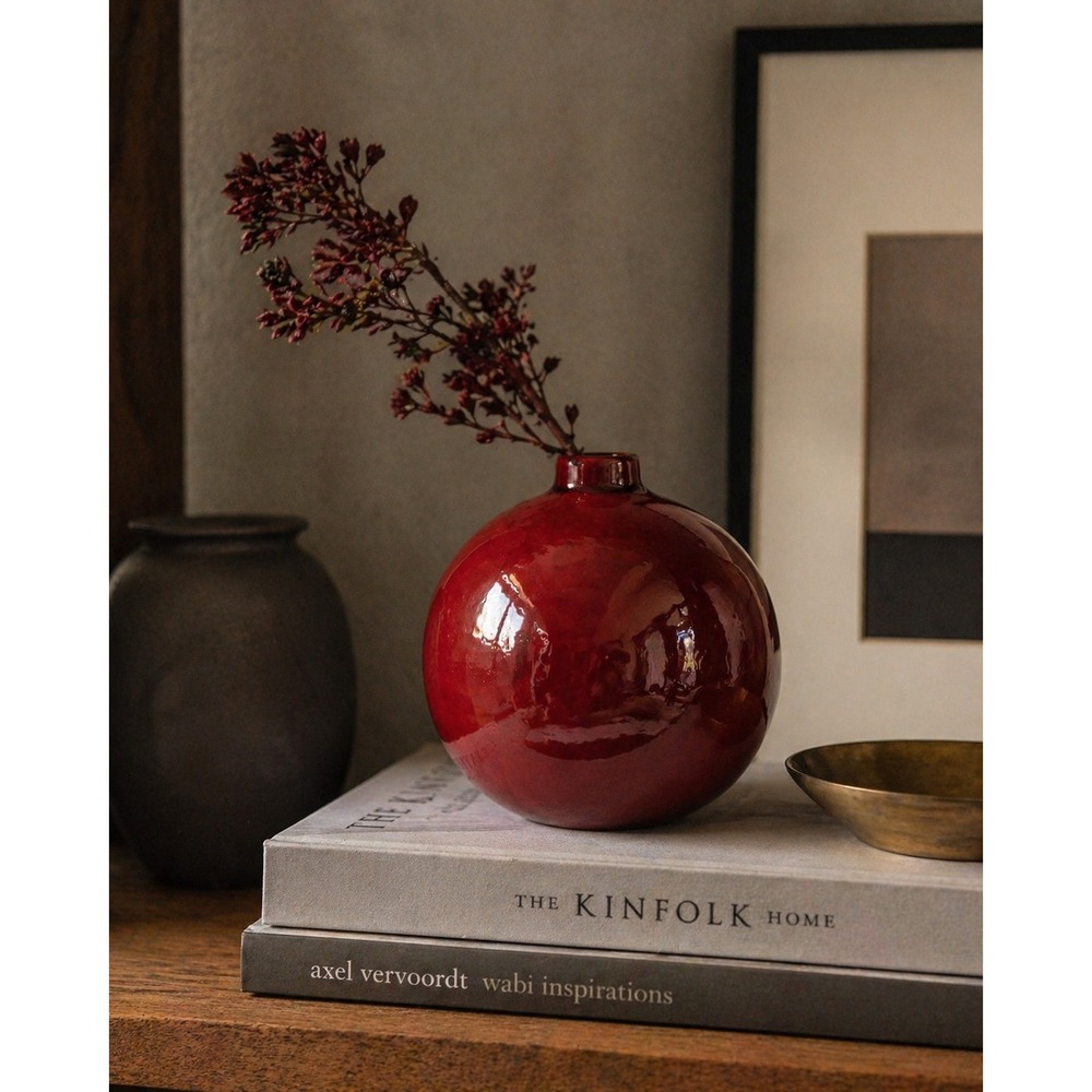 Crate & Barrel Red Glazed Round Vase 5" Ceramic Bud Vase Modern Décor Accent